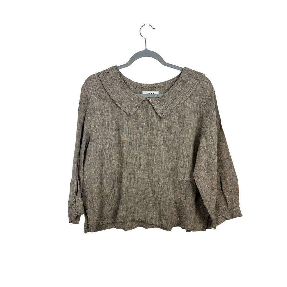 FLAX Linen Blouse Women Small Brown NWT Peter Pan Collar Lagenlook Boxy Top